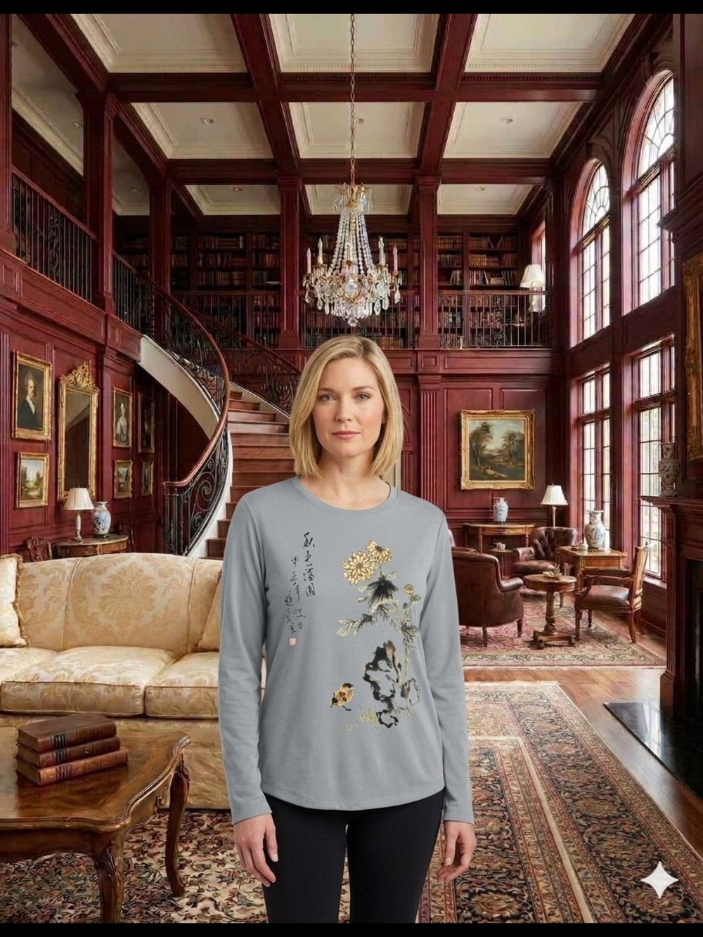 Casual Women's Long-Sleeve Floral Artist Drawing  Nike Tee - Gray